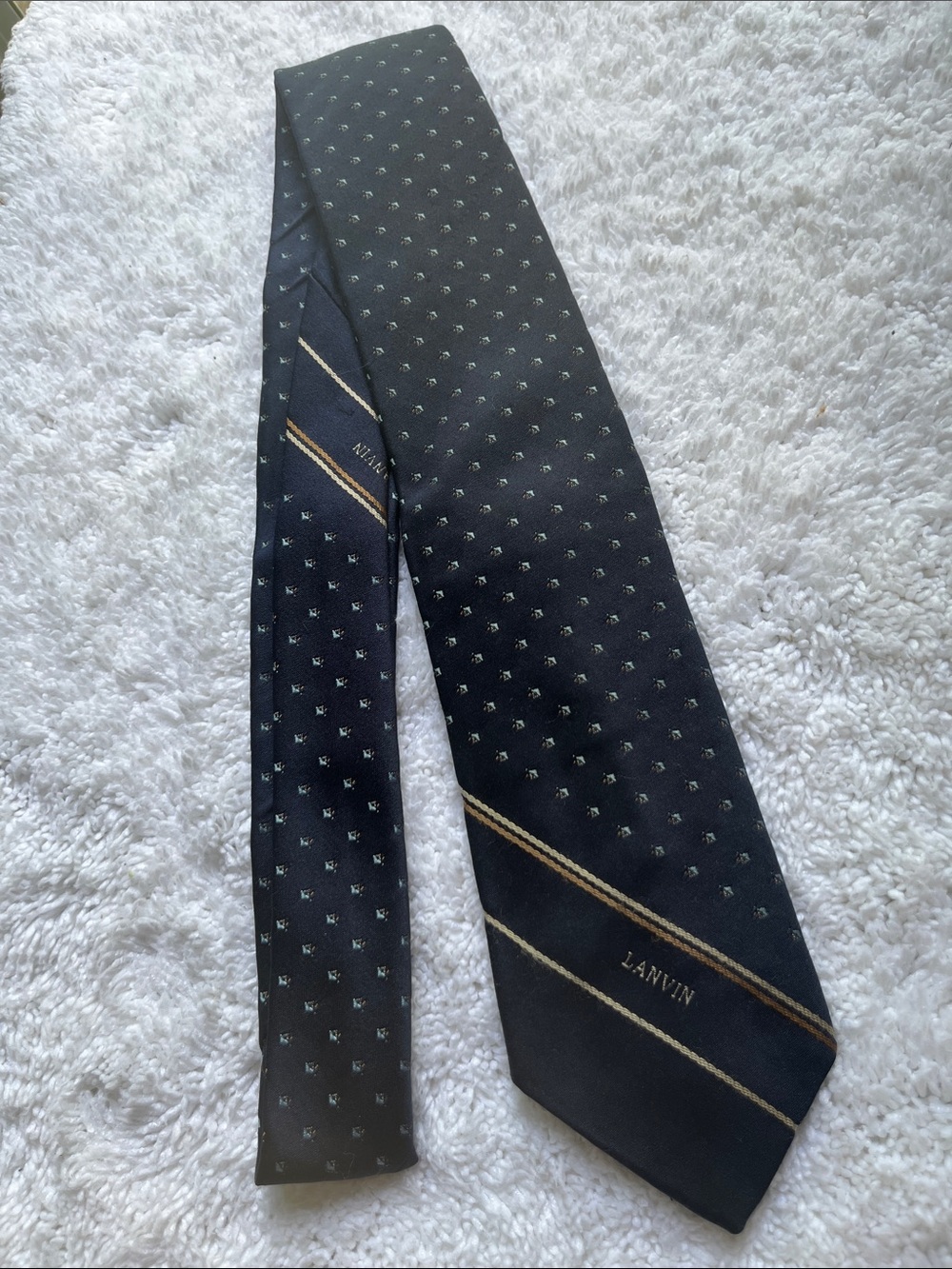 Vintage Lanvin Navy Blue Silk Tie with Gold Diagonal Stripes and Micro Motif